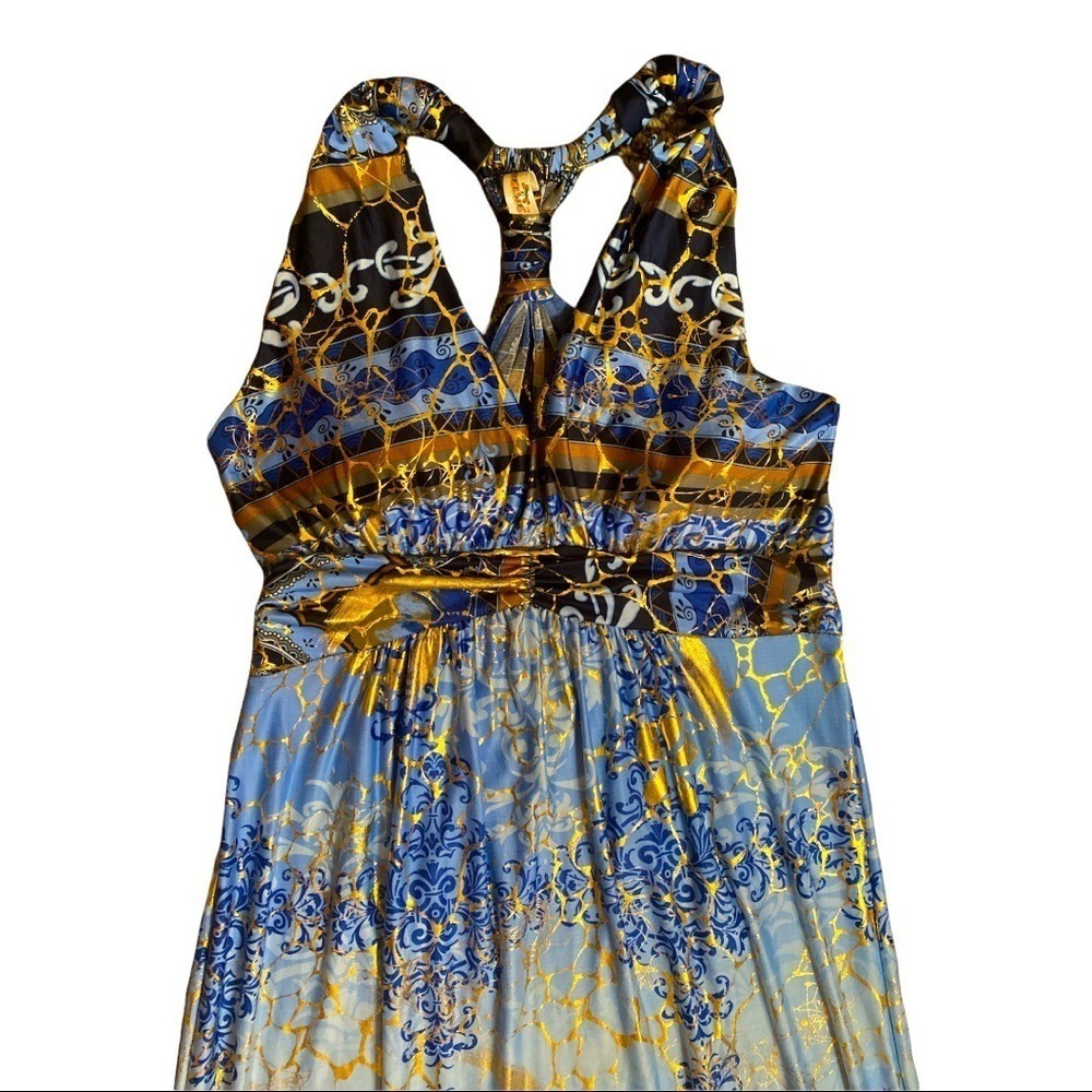 Maxi Dress Halter Blue Brown Floral Sleeveless‎ Evening Party Cocktail S/M - Picture 8 of 11